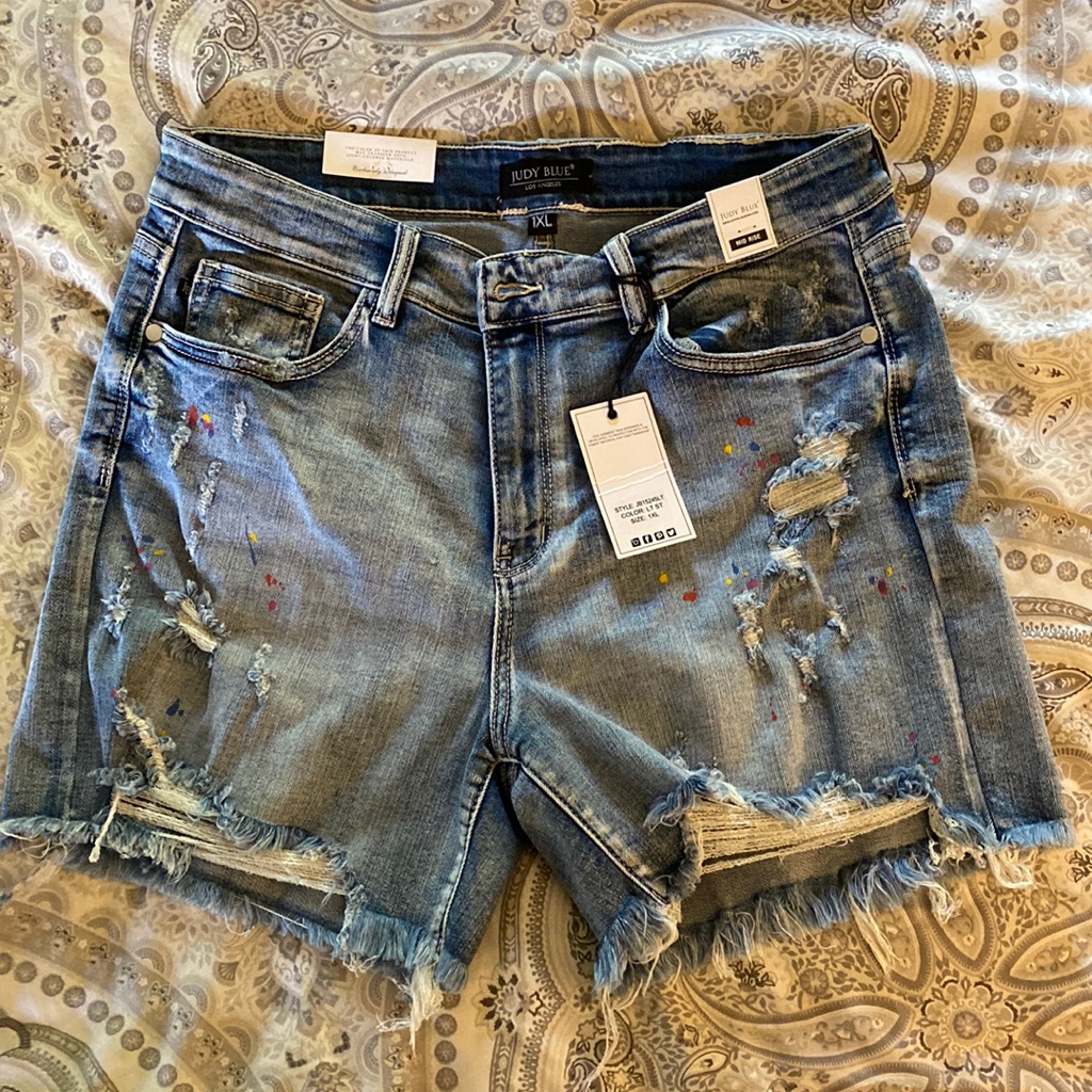 Brand NewNever Worn Light Blue Rainbow Paint Splash Cutoff Shorts Midraise Brand NewNever Worn Light Blue Rainbow Paint Splash Cutoff Shorts Midraise